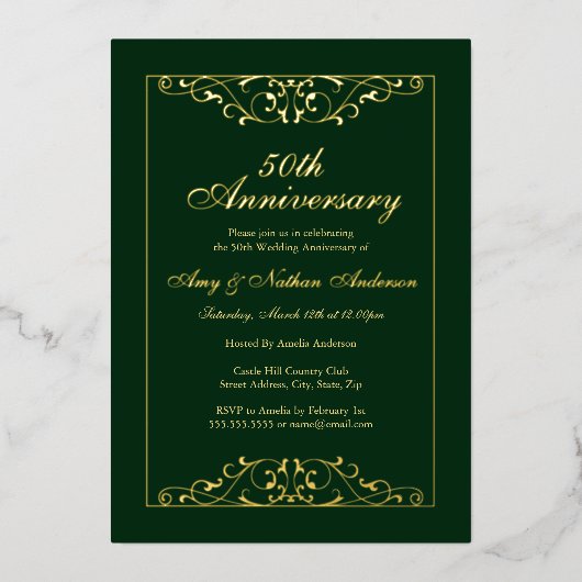 Invitation En Aluminium Élégant 50e anniversaire de Mariage Emerald Gold (Recto)