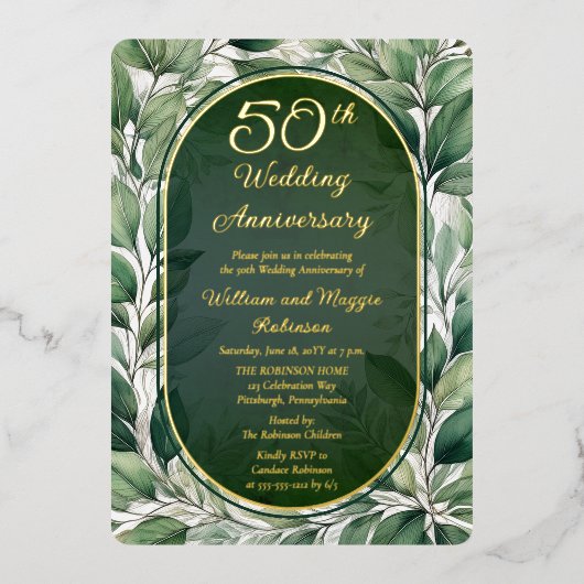 Invitation En Aluminium Élégant 50e anniversaire de Mariage Feuille vert (Recto)