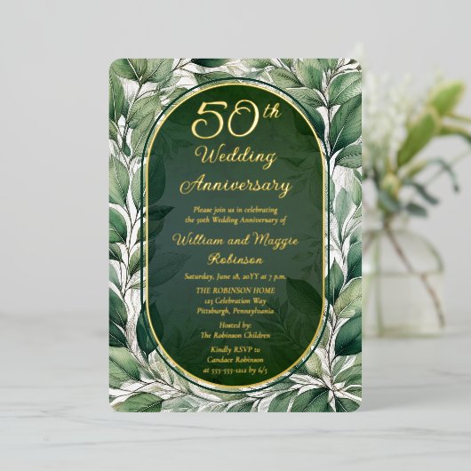Invitation En Aluminium Élégant 50e anniversaire de Mariage Feuille vert (Debout devant)