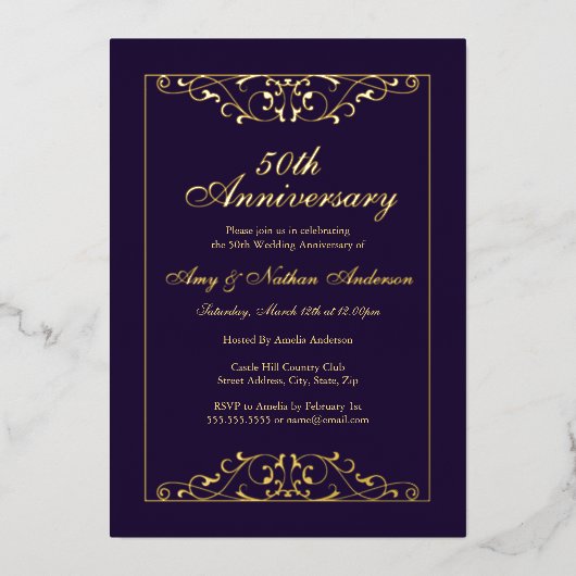 Invitation En Aluminium Élégant 50e anniversaire de Mariage violet (Recto)