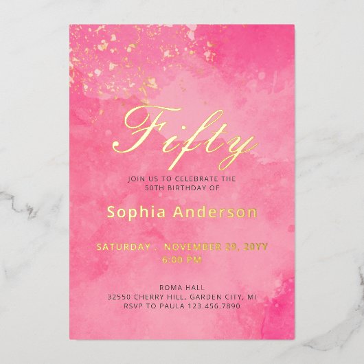 Invitation En Aluminium Élégant 50e anniversaire rose (Recto)