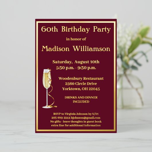 Invitation En Aluminium Élégant 60 Soixante Anniversaire Rouge VRAI Or (Debout devant)