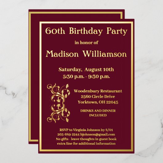 Invitation En Aluminium Élégant 60 Soixante Anniversaire Rouge VRAI Or (Recto/Verso)