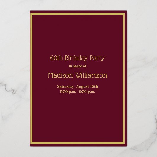 Invitation En Aluminium Élégant 60 Soixante Anniversaire Rouge VRAI Or (Verso)