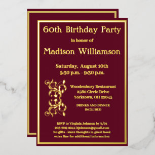 Invitation En Aluminium Elégant 60 Soixantième Anniversaire Rouge OR VÉRIT