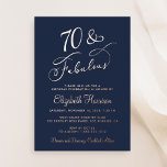 Invitation En Aluminium Elégant 70 Et Fabuleux Blue 70th Birthday Party<br><div class="desc">Elégante invitation de fête bleue 70ème anniversaire avec "70 & Fabulous" et votre nom dans des polices de script de calligraphie chic et vos détails de fête en lettres simples,  le tout rendu dans votre choix d'or véritable,  argent ou feuille d'or rose.</div>
