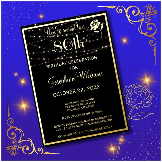 Invitation En Aluminium Elégant 80 80e anniversaire Black REAL Gold