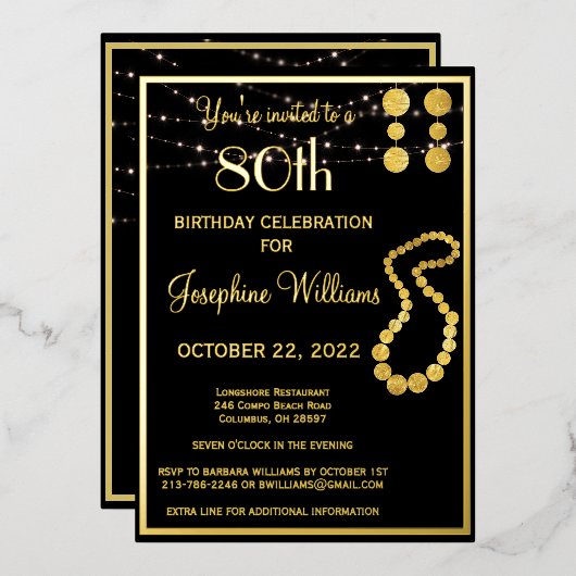Invitation En Aluminium Elégant 80 Quatre-vingts Anniversaire Noir VRAI Or (Recto/Verso)