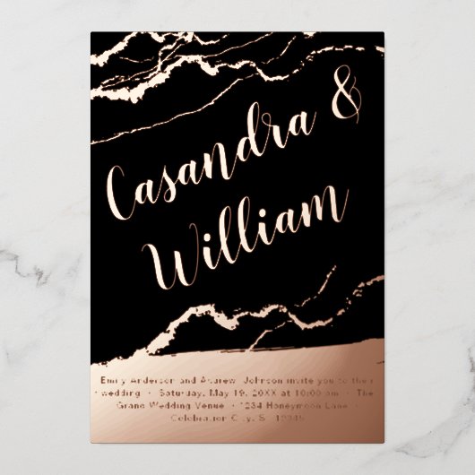 Invitation En Aluminium Élégant Abstrait Marbre Veining Mariage or (Recto)