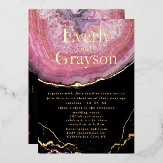 Invitation En Aluminium Élégant Agate Blush Pink & Gold Mariage (Recto/Verso)
