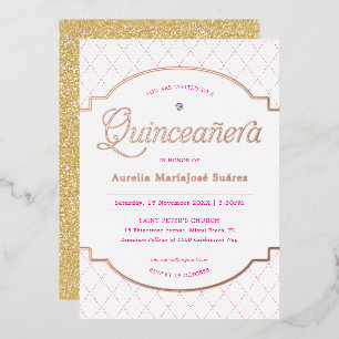 Invitation En Aluminium Élégant Anniversaire Quinceañera Pailleté Rose Or