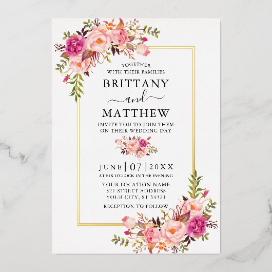 Invitation En Aluminium Elégant Aquarelle rose Blush Floral Mariage Or (Recto)