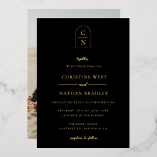 Invitation En Aluminium Élégant Arc Monogramme Photo Or