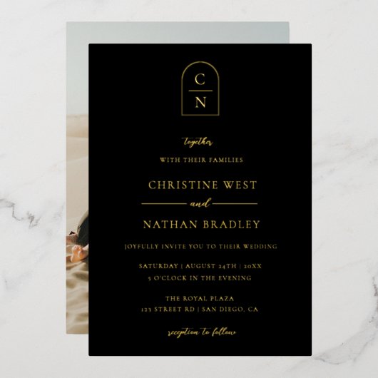 Invitation En Aluminium Élégant Arc Monogramme Photo Or (Recto/Verso)