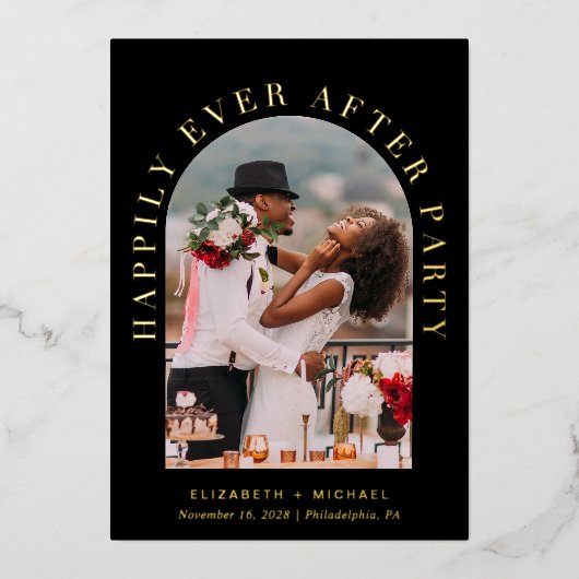 Invitation En Aluminium Elégant Arc Photo Mariage Réception Black Gold (Recto)