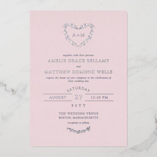 Invitation En Aluminium Elégant Argent et Misty Rose Mariage de couronne d (Recto)