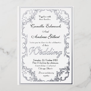 Invitation En Aluminium Elégant Argent Ornate FLourish Mariage frontière