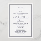 Invitation En Aluminium Élégant Argent Script Navy Blue First Communion (Recto)