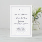 Invitation En Aluminium Élégant Argent Script Navy Blue First Communion (Debout devant)