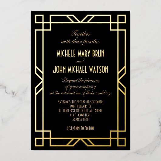 Invitation En Aluminium Elégant Art Déco Classique Cadre Simple Black Gold (Recto)