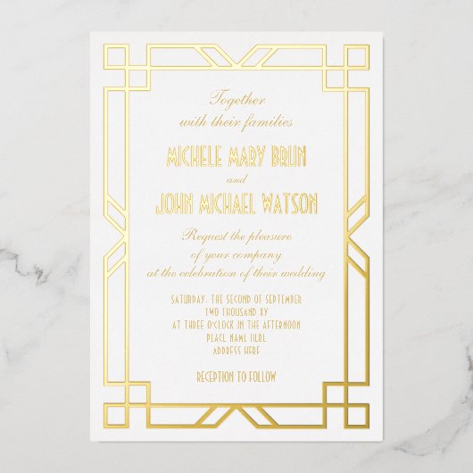 Invitation En Aluminium Elégant Art Déco Classique Cadre Simple Blanc Or (Recto)