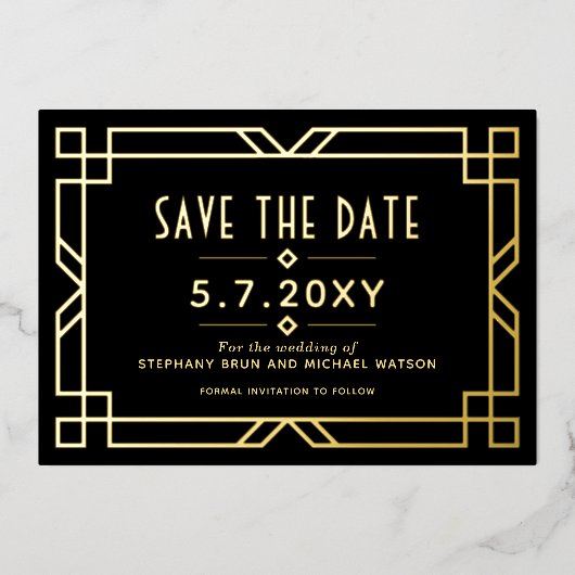 Invitation En Aluminium Elégant Art Déco Enregistrer la date Black Gold Ca (Recto)