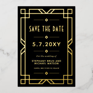 Invitation En Aluminium Elégant Art Déco Enregistrer la date Black Gold Ca