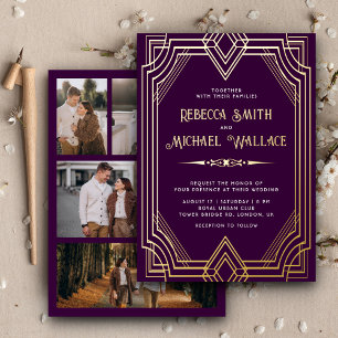 Invitation En Aluminium Elégant Art Déco Géométrique Mariage Purple Gold