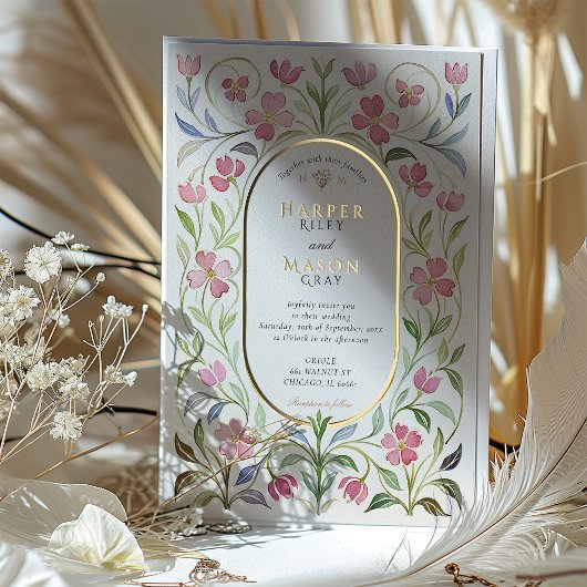 Invitation En Aluminium Elégant Art Nouveau Floral Aquarelle Mariage or