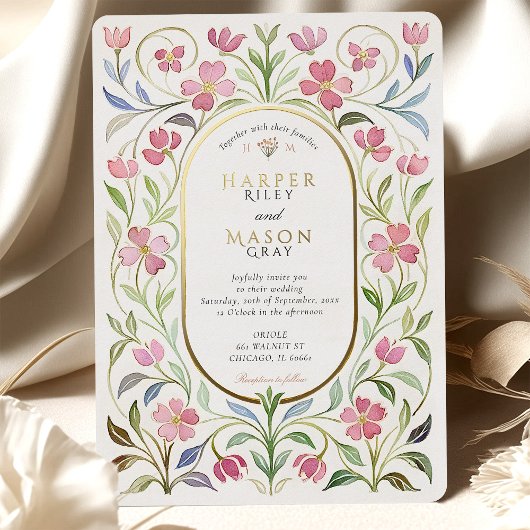 Invitation En Aluminium Elégant Art Nouveau Floral Aquarelle Mariage or