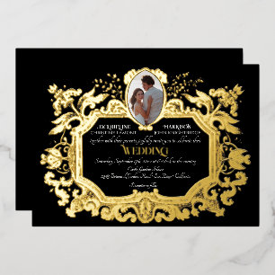 Invitation En Aluminium Elégant Art Nouveau Hiver Noir n Or Mariage