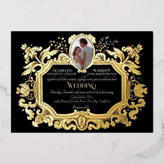 Invitation En Aluminium Elégant Art Nouveau Hiver Noir n Or Mariage (Recto)