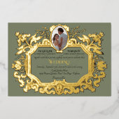 Invitation En Aluminium Elégant Art Nouveau Rococo Photo Sage Mariage (Recto)