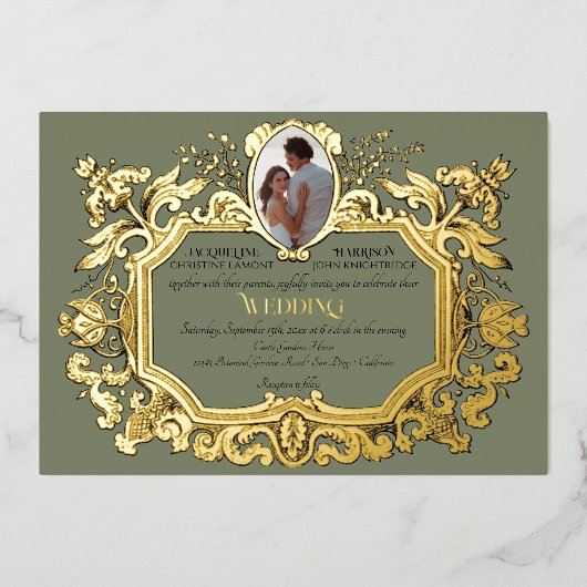 Invitation En Aluminium Elégant Art Nouveau Rococo Photo Sage Mariage (Recto)