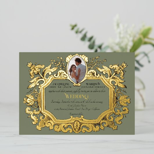 Invitation En Aluminium Elégant Art Nouveau Rococo Photo Sage Mariage (Debout devant)