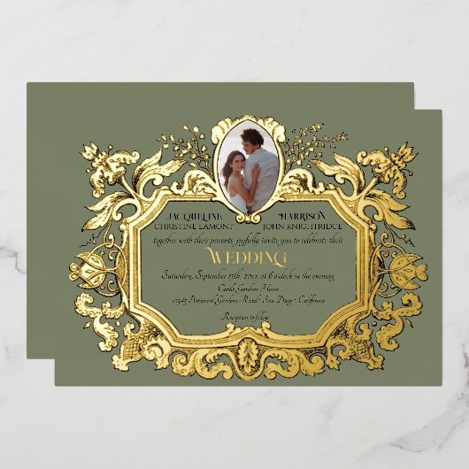 Invitation En Aluminium Elégant Art Nouveau Rococo Photo Sage Mariage (Recto/Verso)