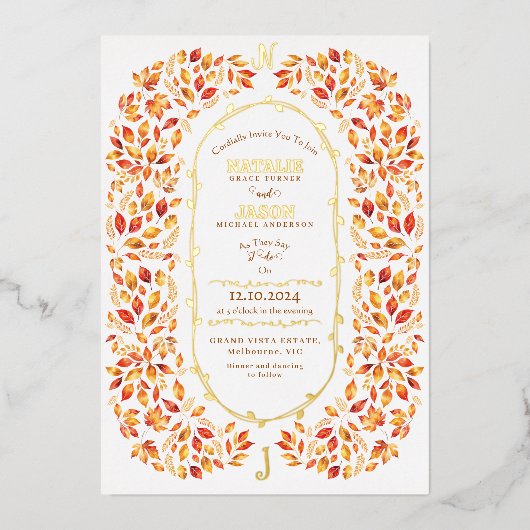 Invitation En Aluminium Élégant automne laisse Rustic Boho Mariage (Recto)