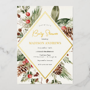Invitation En Aluminium Élégant Baby shower À feuillage persistant hiver P