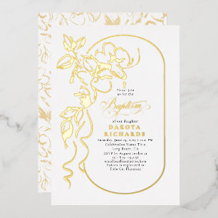 Invitation En Aluminium Élégant Baptême Floral Or