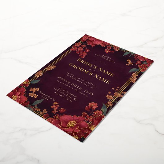 Invitation En Aluminium Élégant bijou rouge ton Mariage floral (Rotation)