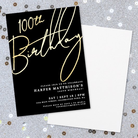 Invitation En Aluminium Elegant Black 100th Birthday Gold