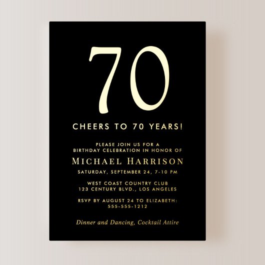 Invitation En Aluminium Elegant Black 70th Birthday Party Gold