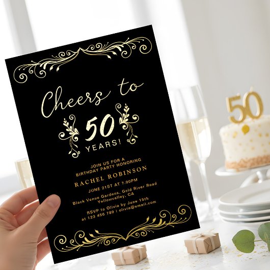 Invitation En Aluminium Elegant Black and Gold 50TH Birthday Party