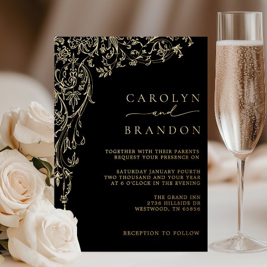 Invitation En Aluminium Elegant Black and Gold Filigree Wedding
