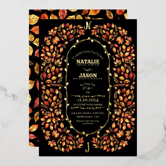 Invitation En Aluminium Elégant Black Fall Feuilles Rustique Boho Mariage (Recto/Verso)