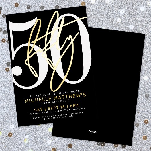 Invitation En Aluminium Elegant Black Fifty 50th Birthday Gold