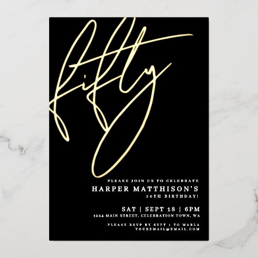 Invitation En Aluminium Elegant Black Fifty 50th Birthday Gold (Recto)