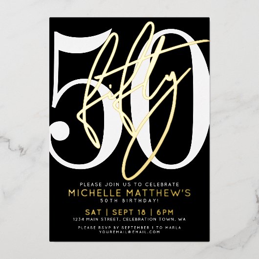 Invitation En Aluminium Elegant Black Fifty 50th Birthday Gold (Recto)