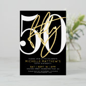 Invitation En Aluminium Elegant Black Fifty 50th Birthday Gold (Debout devant)