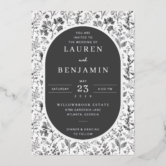 Invitation En Aluminium Elegant Black Floral Botanical (Recto)